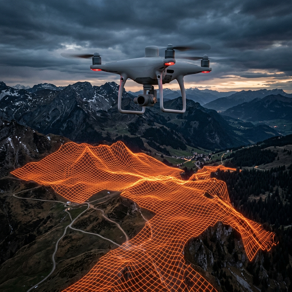 Drone DJI Phantom 4 RTK realizando vuelo fotogramétrico sobre terreno