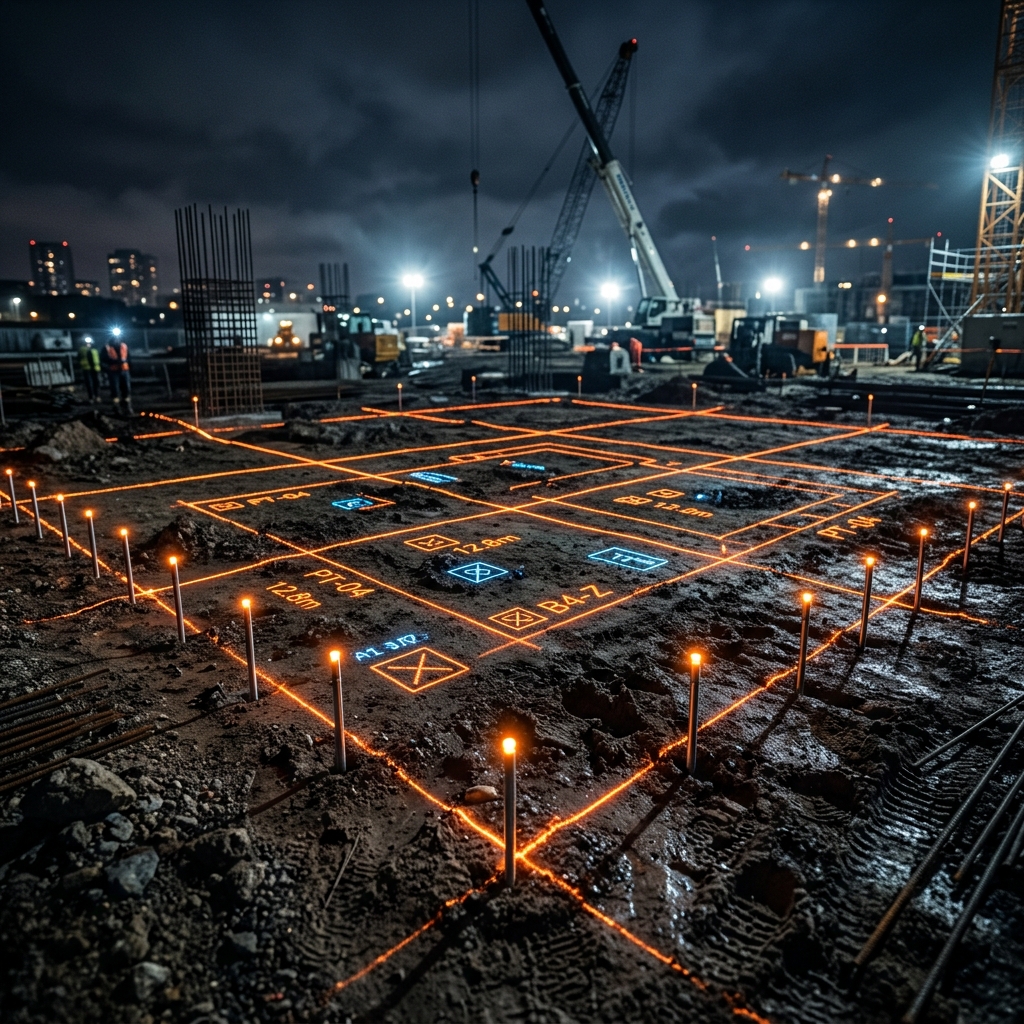 Topógrafo realizando replanteo de obra con estación total robótica